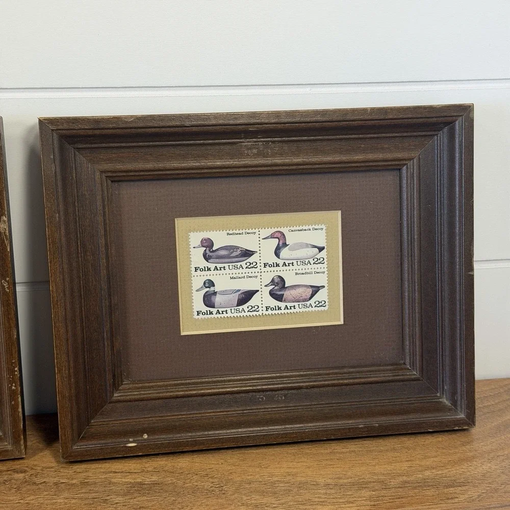 Framed VTG 1985 Folk Art USA 22¢ Duck Decoy Stamps Block of 4 Rustic Decor Set